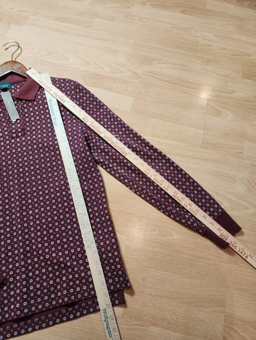 NWT J. Crew 100% Cotton Long-sleeve Classic Piqué Polo Shirt Maroon Printed Sz M